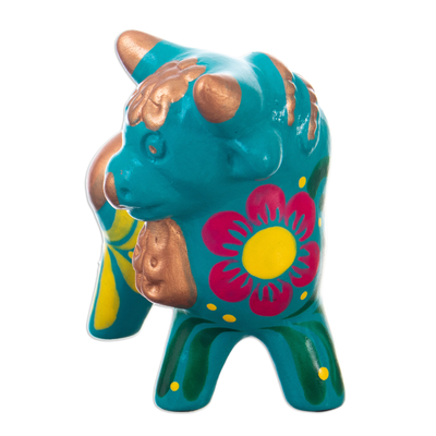 Ceramic sculpture, 'Harmonious Horns in Turquoise' - Andean Floral Ceramic Bull Sculpture in a Turquoise Base Hue