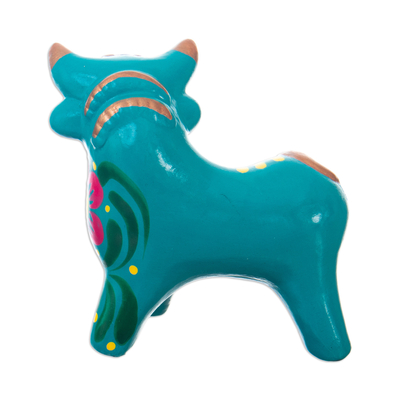 Ceramic sculpture, 'Harmonious Horns in Turquoise' - Andean Floral Ceramic Bull Sculpture in a Turquoise Base Hue