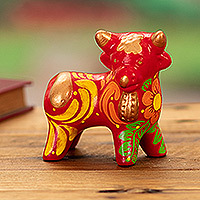 Ceramic sculpture, 'Harmonious Horns in Red' - Andean Floral Ceramic Bull Sculpture in a Red Base Hue