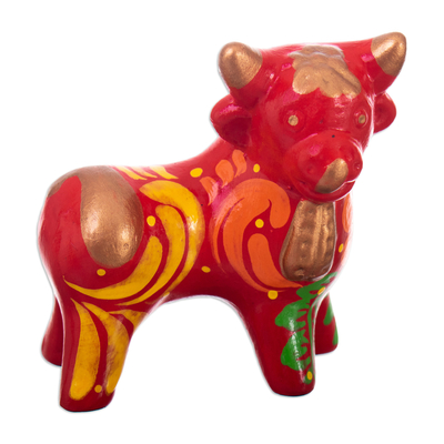 Andean Floral Ceramic Bull Sculpture in a Red Base Hue