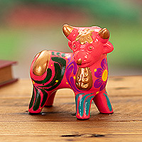 Ceramic sculpture, 'Harmonious Horns in Pink' - Andean Floral Ceramic Bull Sculpture in a Pink Base Hue