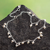 Cultured pearl charm anklet, 'Treasures of the Sea' - Sterling Silver Charm Anklet with Cream Cultured Pearls