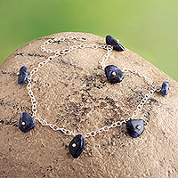 Sodalite charm anklet, 'Blue Sunny Days' - Sterling Silver Charm Anklet with Sodalite Stone from Peru