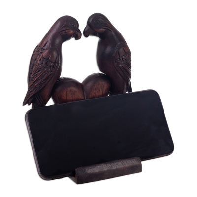 Cedar wood phone holder, 'Loving Cockatoos' - Hand-Carved Cedar Wood Phone Holder of Cockatoos in Love