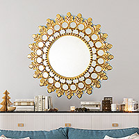 Wood wall mirror, 'Heavenly Queen' - Golden-Toned Classic Wood Wall Mirror in Golden Hues