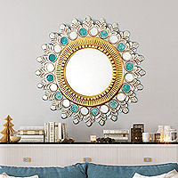 Wood wall mirror, 'Winter Queen' - Silver-Toned Classic Wood Wall Mirror in Turquoise Hues