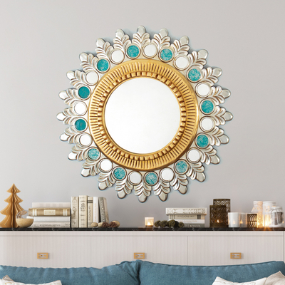 Wood wall mirror, 'Winter Queen' - Silver-Toned Classic Wood Wall Mirror in Turquoise Hues