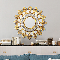 Wood wall mirror, 'Heavenly Princess' - Golden-Toned Leafy Wood Wall Mirror Handcrafted in Peru