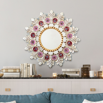 Espejo de pared de madera - Espejo de pared de madera floral plateada en tonos rojos y rosas