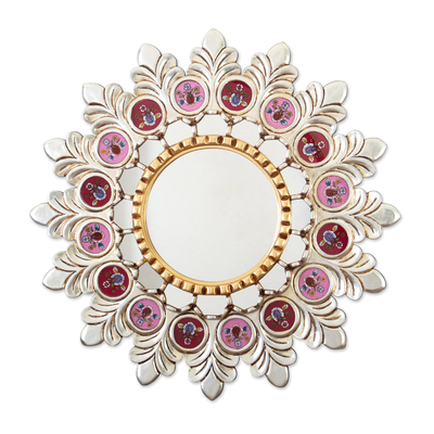Wood wall mirror, 'Passionate Princess' - Silver-Toned Floral Wood Wall Mirror in Red and Pink Hues