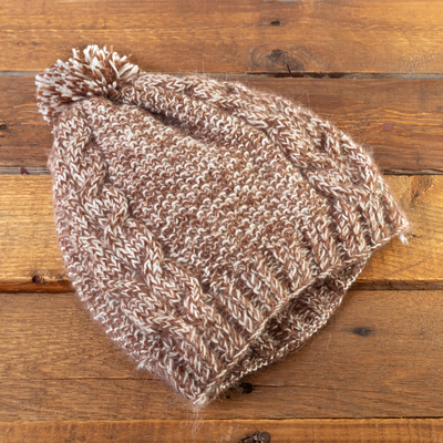 100% alpaca hat, 'Marble' - Hand-Knitted 100% Alpaca Pom-Pom Hat in Brown and White