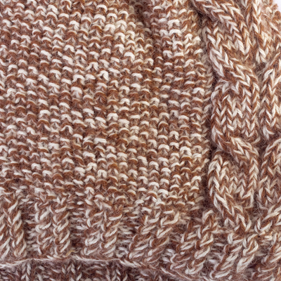 100% alpaca hat, 'Marble' - Hand-Knitted 100% Alpaca Pom-Pom Hat in Brown and White