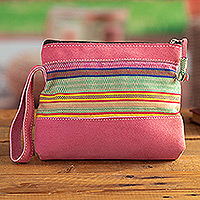 Suede wristlet, 'Sweetness in The Andes' - Handcrafted Pink Suede Wristlet with Andean Cotton Textile