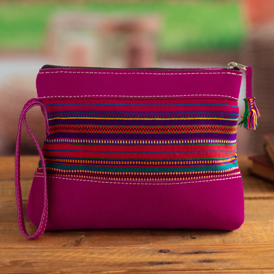 Suede wristlet, 'Glamour in The Andes' - Handcrafted Purple Suede Wristlet with Andean Cotton Textile