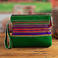 Suede wristlet, 'Luck in The Andes' - Handcrafted Green Suede Wristlet with Andean Cotton Textile