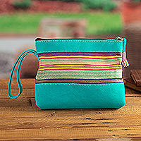 Suede wristlet, 'Lagoon in The Andes' - Handcrafted Teal Suede Wristlet with Andean Cotton Textile