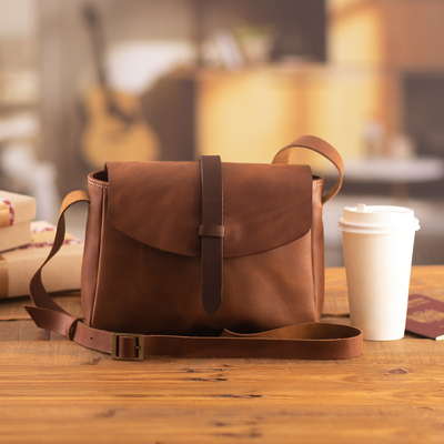 Leather messenger bag, 'Going Places' - Leather Messenger Bag with Adjustable Strap Made in Peru