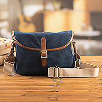 Leather-accented suede sling bag, 'Blue Flair' - Leather-Accented Suede Sling Bag in Blue and Brown from Peru