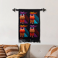 Wool and cotton blend tapestry, 'Owl Night' - Owl-Themed Handloomed Black Wool and Cotton Blend Tapestry