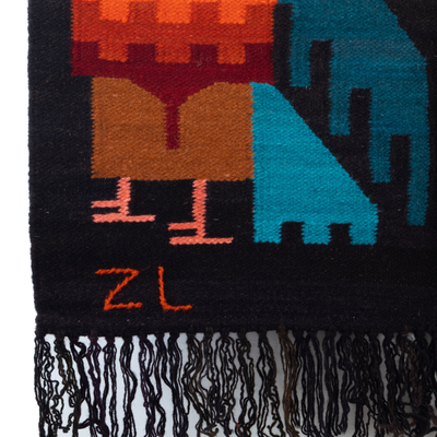 Tapiz de mezcla de lana y algodón - Tela decorativa de mezcla de algodón y lana negra tejida a mano con tema de búho