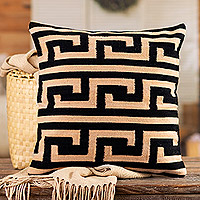 Wool cushion cover, 'Greca Worldview' - Handloomed Black and Beige 100% Wool Greca Cushion Cover