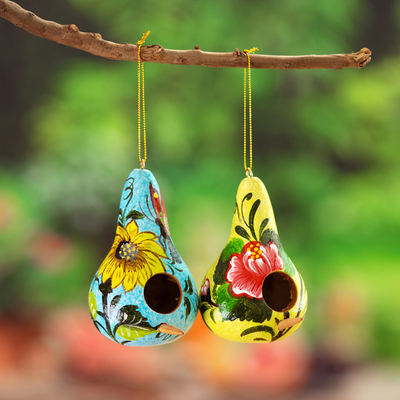 Dried gourd ornaments, 'Floral Homes' (set of 2) - Set of Two Floral Blue and Yellow Dried Gourd Ornaments
