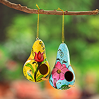 Dried gourd mini birdhouses, 'Summer Homes' (set of 2) - Set of Two Floral Yellow and Blue Dried Gourd Ornaments