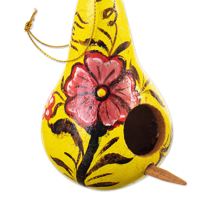 Dried gourd ornaments, 'Thriving Homes' (set of 2) - Set of Two Painted White and Yellow Dried Gourd Ornaments