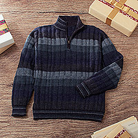 Sweater Hombre 100% Alpaca, 'Navy Traveler' - Sweater Hombre 100% Alpaca con Cremallera en Tonos Marino