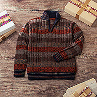 Men's 100% alpaca sweater, 'Nasturtium Traveler' - Men's Zippered 100% Alpaca Sweater in Nasturtium Hues
