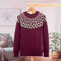 pullover aus 100 % Alpaka, „Burgundy Geometry“ – geometrischer Pullover aus 100 % Alpaka in Burgund und Grau