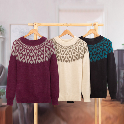 100% alpaca sweater, 'Burgundy Geometry' - Geometric Burgundy and Grey 100% Alpaca Pullover Sweater