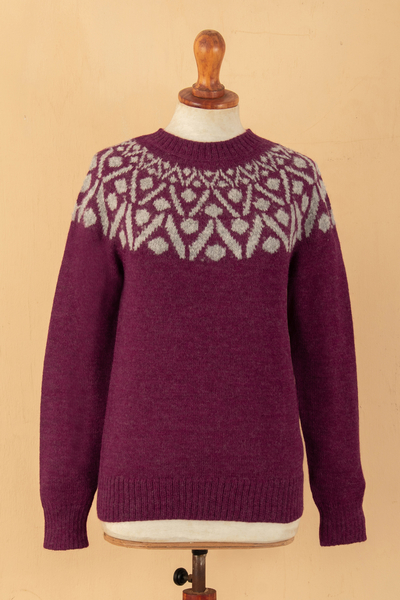 100% alpaca sweater, 'Burgundy Geometry' - Geometric Burgundy and Grey 100% Alpaca Pullover Sweater