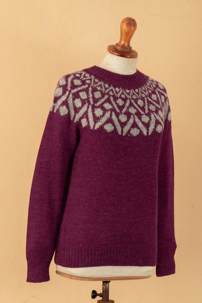 pullover aus 100 % Alpaka - Geometrischer Pullover aus 100 % Alpaka in Burgunderrot und Grau