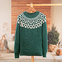 Suéter 100% alpaca, 'Jade Geometry' - Suéter tipo jersey 100% alpaca de jade y marfil de Perú