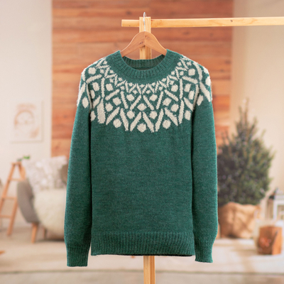 100% alpaca sweater, 'Jade Geometry' - Jade and Ivory 100% Alpaca Pullover Sweater from Peru