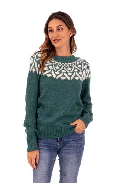 100% alpaca sweater, 'Jade Geometry' - Jade and Ivory 100% Alpaca Pullover Sweater from Peru
