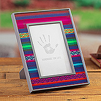 Glass photo frame, 'Beautiful Memories' (4x6) - Wood Glass Photo Frame with Geometric Andean Textile (4x6)