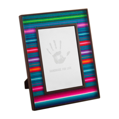Glass photo frame, 'Pleasant Memories' (4x6) - Wood Glass Photo Frame with Striped Andean Textile (4x6)