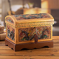 Mohena wood and leather jewelry box, 'Colonial Secret' - Hand-Painted Mohena Wood and Leather Jewelry Box from Peru