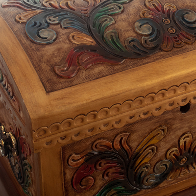 Joyero de madera y cuero Mohena - Joyero de madera de Mohena y cuero pintado a mano de Perú