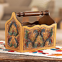 Mohena wood and leather magazine rack, 'Colonial Colors' - Hand-Painted Mohena Wood And Leather Magazine Rack