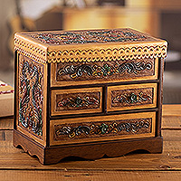 Wood and leather jewelry box, 'Baroque Colors' - Handcrafted Classic Colorful Wood and Leather Jewelry Box