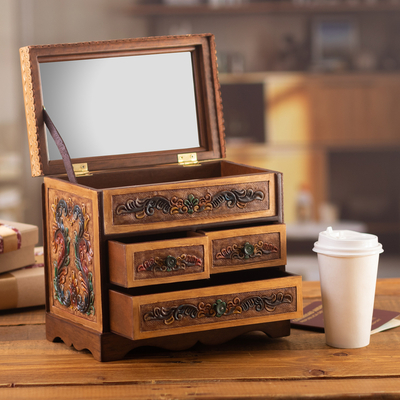 Handcrafted Classic Colorful Wood and Leather Jewelry Box