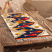 Wool blend table runner, 'Challwa' - Trout-Themed Blue and Ivory Handmade Wool Blend Table Runner