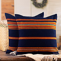 Alpaca blend cushion covers, 'Inca Comfort' (pair) - Pair of Handwoven Blue Alpaca Blend Cushion Covers
