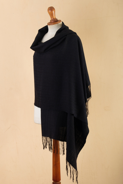 100% alpaca shawl, 'Elegant Waves' - Handwoven Black 100% Alpaca Shawl with Fringes