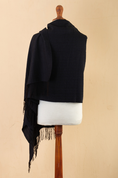 100% alpaca shawl, 'Elegant Waves' - Handwoven Black 100% Alpaca Shawl with Fringes