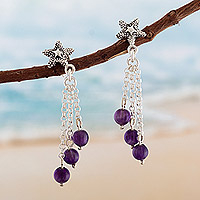 Pendientes colgantes de amatista, 'Purple Summer Breeze' - Pendientes colgantes de estrella de mar de plata de ley con piedra de amatista