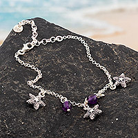 Amethyst charm bracelet, 'Purple Summer Breeze' - Sterling Silver Starfish Charm Bracelet with Amethyst Stone